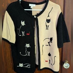 CHRISTOPHER & BANKS Women's L Novelty Cat  Button Short Sleeve Sweater Size M
